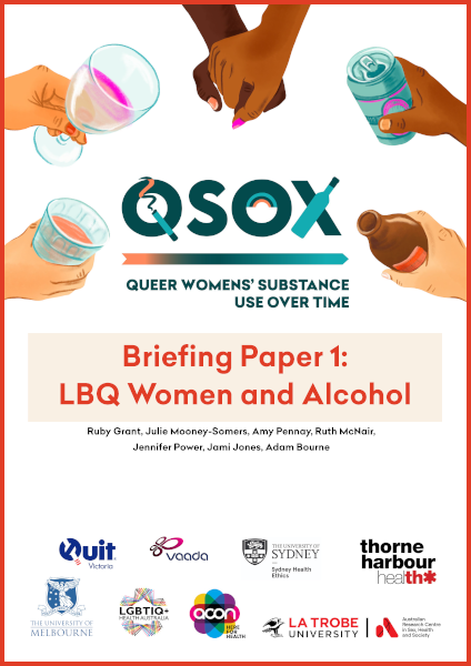 QSOX Briefing Paper 1: LBQ Women and Alcohol Cover of 'QSOX: Queer Women's Substance Use over Time: Briefing Paper 1 - LBQ Women and Alcohol, by Ruby Grant, Julie Mooney-Somers, Amy Pennay, Ruth McNair, Jennifer Power, Jami Jones and Adam Bourne, featuring the QSOX logo with a cigarette forming the tail of the Q, a rainbow inside the O and a wine bottle crossing the X, with a design of various diverse hands holding wine and spirit glasses, beer cans and bottles, and two hands holding each other.