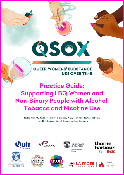 QSOX Practice Guide: Supporting LBQ women and non-binary people with alcohol, tobacco and nicotine use Cover of 'QSOX: Queer Women's Substance Use over Time: Practice Guide: Supporting LBQ Women and Non-Binary People with Alcohol, Tobacco and Nicotine Use, by Ruby Grant, Julie Mooney-Somers, Amy Pennay, Ruth McNair, Jennifer Power, Jami Jones and Adam Bourne, featuring the QSOX logo with a cigarette forming the tail of the Q, a rainbow inside the O and a wine bottle crossing the X, with a design of various diverse hands holding cigarettes, vapes, wine and beer, and two hands holding each other.