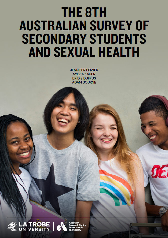 Text &lsquo;The 8th Australian survey of secondary students and sexual health, Jennifer Power, Sylvia Kauer, Bridie Duffus, Adam Bourne&rsquo; with the logo of the Australian Research Centre in Sex, Health and Society at La Trobe University and a photo of four teenagers smiling and laughing, wearing bold graphic T-shirts and with books, headphones and a boom box