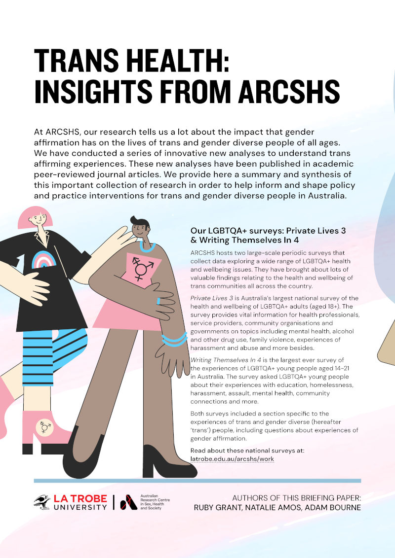 Cover of Trans Health: Insights from ARCSHS, by Ruby Grant, Natalie Amos and Adam Bourne, with a design of two stylised cartoon people with pink, blue, white and black clothing wearing trans flag/transgender symbols