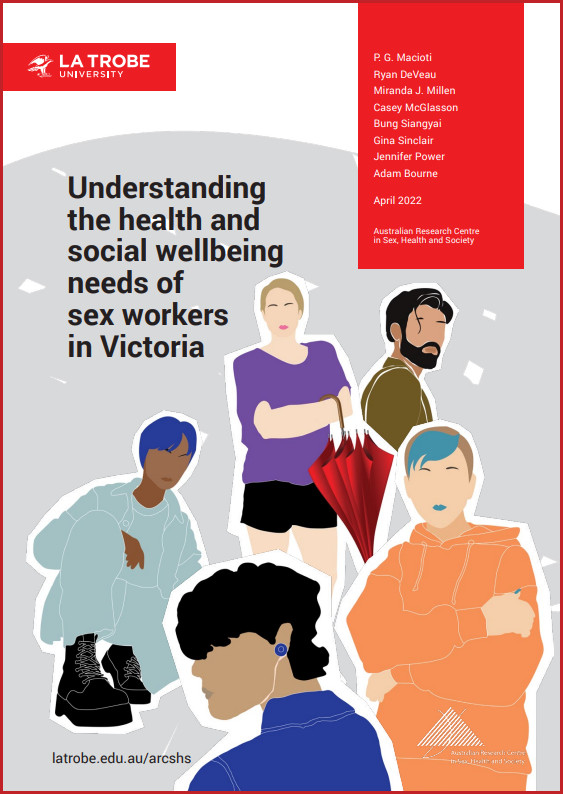 Cover of 'Understanding the health and social wellbeing needs of sex workers in Victoria' by PG Macioti, Ryan DeVeau, Miranda J Millen, Casey McGlasson, Bung Siangyi, Gina Sinclair, Jennifer Power and Adam Bourne, April 2022, with a design of realistic diverse block-coloured cartoon people with only their lips and eyebrows highlighted. One person is holding a red umbrella.