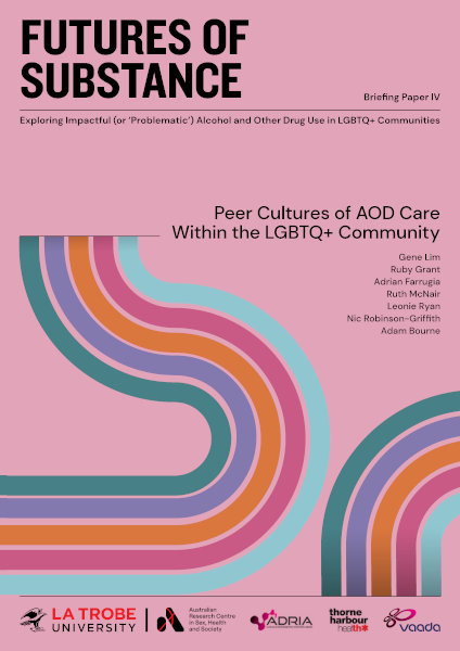 Report cover for 'Futures of substance: Briefing paper 4 - Peer cultures of AOD care within the LGBTQ+ community' with design of five colourful parallel curving lines and additional text: 'Exploring impactful (or 'problematic') alcohol and other drug use in LGBTQ+ communities