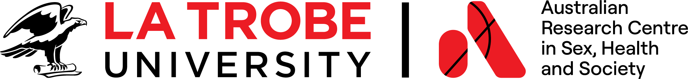 Red stylised 'A' and ribbon shaped logo of the Australian Research Centre in Sex, Health and Society, next to the La Trobe University logo of a wedge-tailed eagle holding a scroll