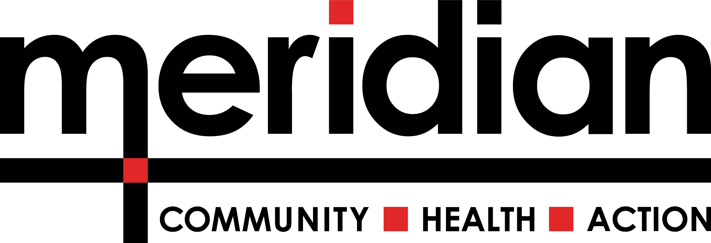 Meridian ACT logo Meridian ACT logo with text 'meridian: Community Health Action' with red square details