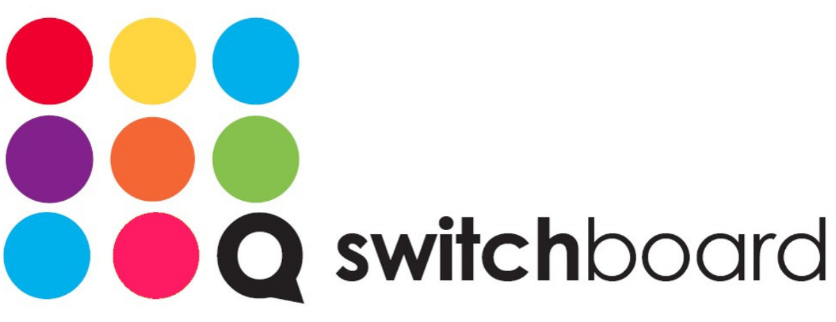 Switchboard logo grid of nine brightly coloured circles, with the bottom right one a speech bubble reminiscent of a letter Q, and the text 'switchboard