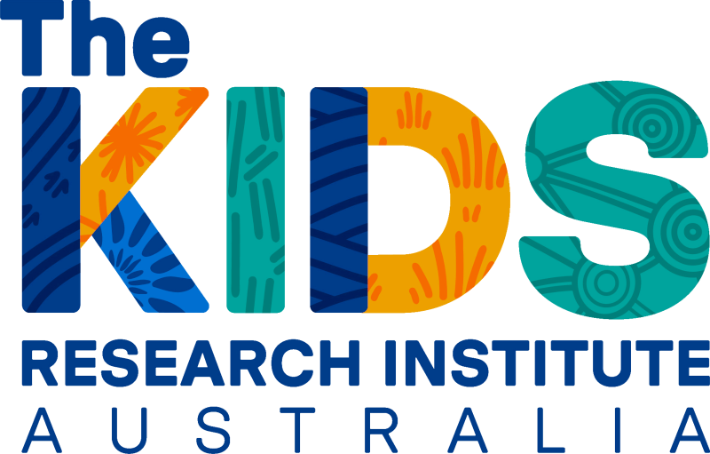 Text 'The KIDS Research Institute Australia' with the letters 'KIDS' in multicolour sections patterned with different artworks, including Aboriginal designs