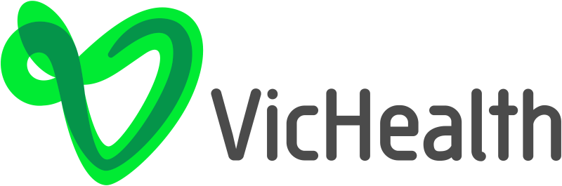 Text 'VicHealth' with a stylised green calligraphic V 