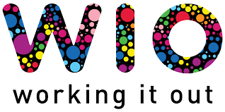 Working It Out logo Rounded capital letters 'WIO' with rainbow polka dots in different sizes, with text 'working it out