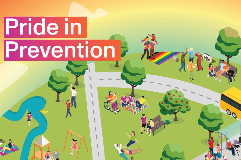 Cartoon graphic of a park at sunset showing diverse people with pride flags enjoying outdoor activities