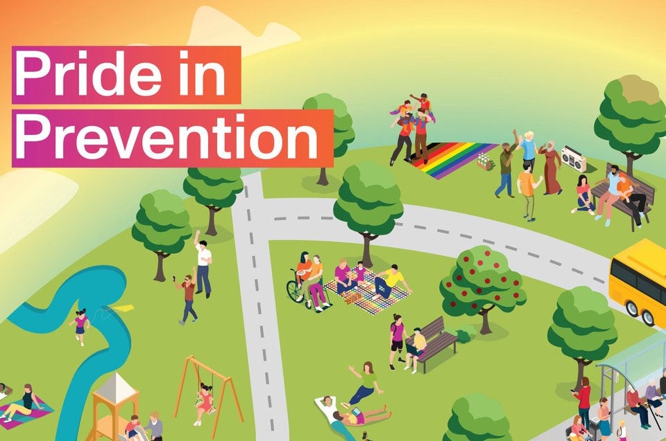 Cartoon graphic of a park at sunset showing diverse people with pride flags enjoying outdoor activities