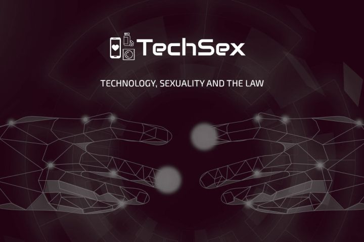 Polygonal wireframe design of two hands reaching towards each other, superimposed on a digitised circle, with text 'TechSex: Technology, Sex and the Law' and small icons of a phone with a heart, a pill bottle and a condom