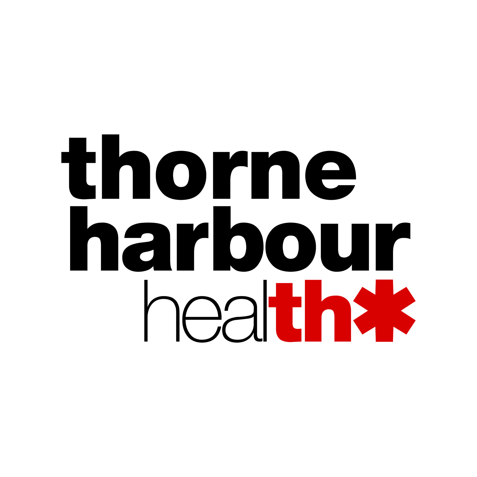 Thorne Harbour health logo with the last letters of 'health' in bold red, followed by an asterix