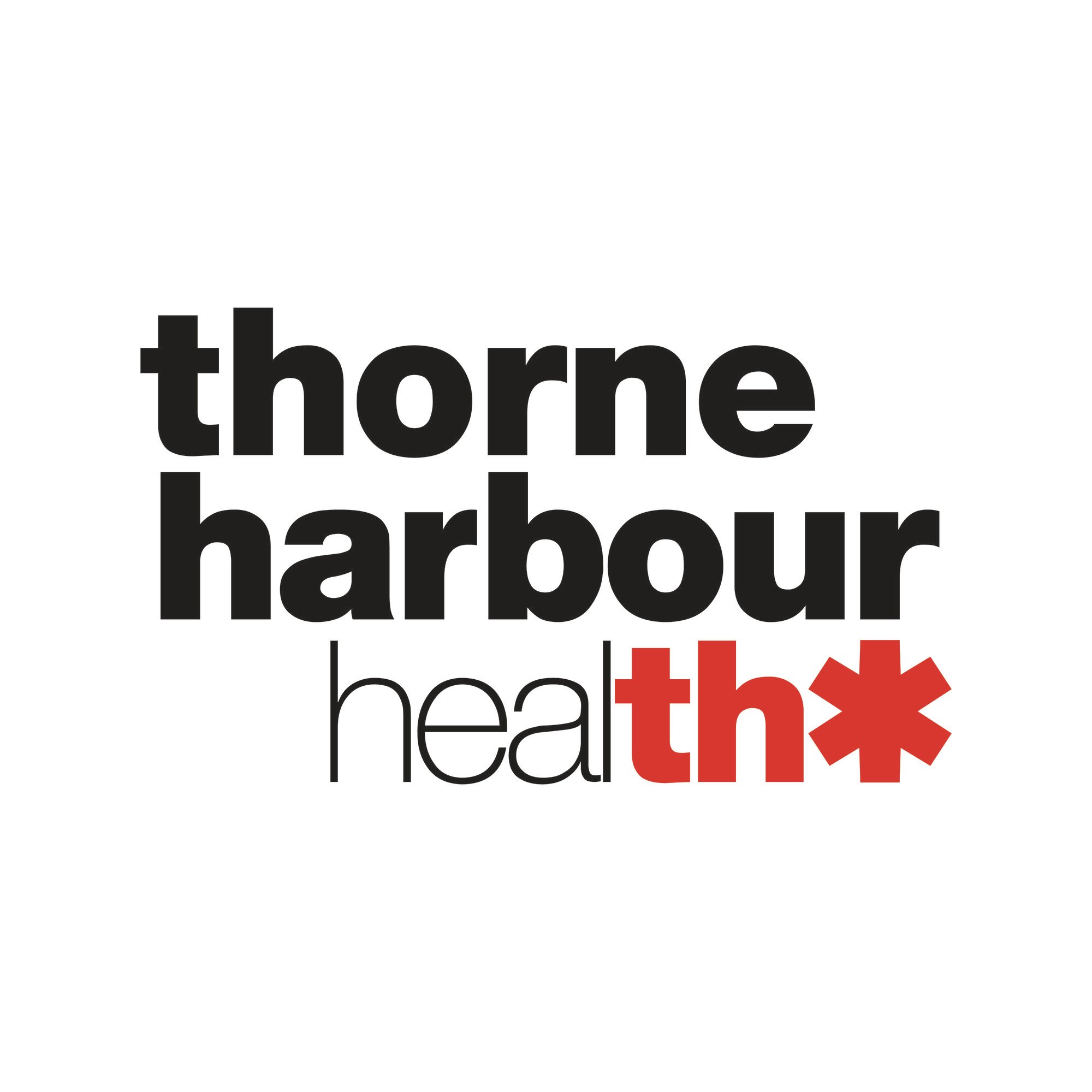 Thorne Harbour health logo with the last letters of 'health' in bold red, followed by an asterix