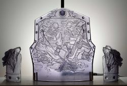 Glass sculpture of body armour in three parts