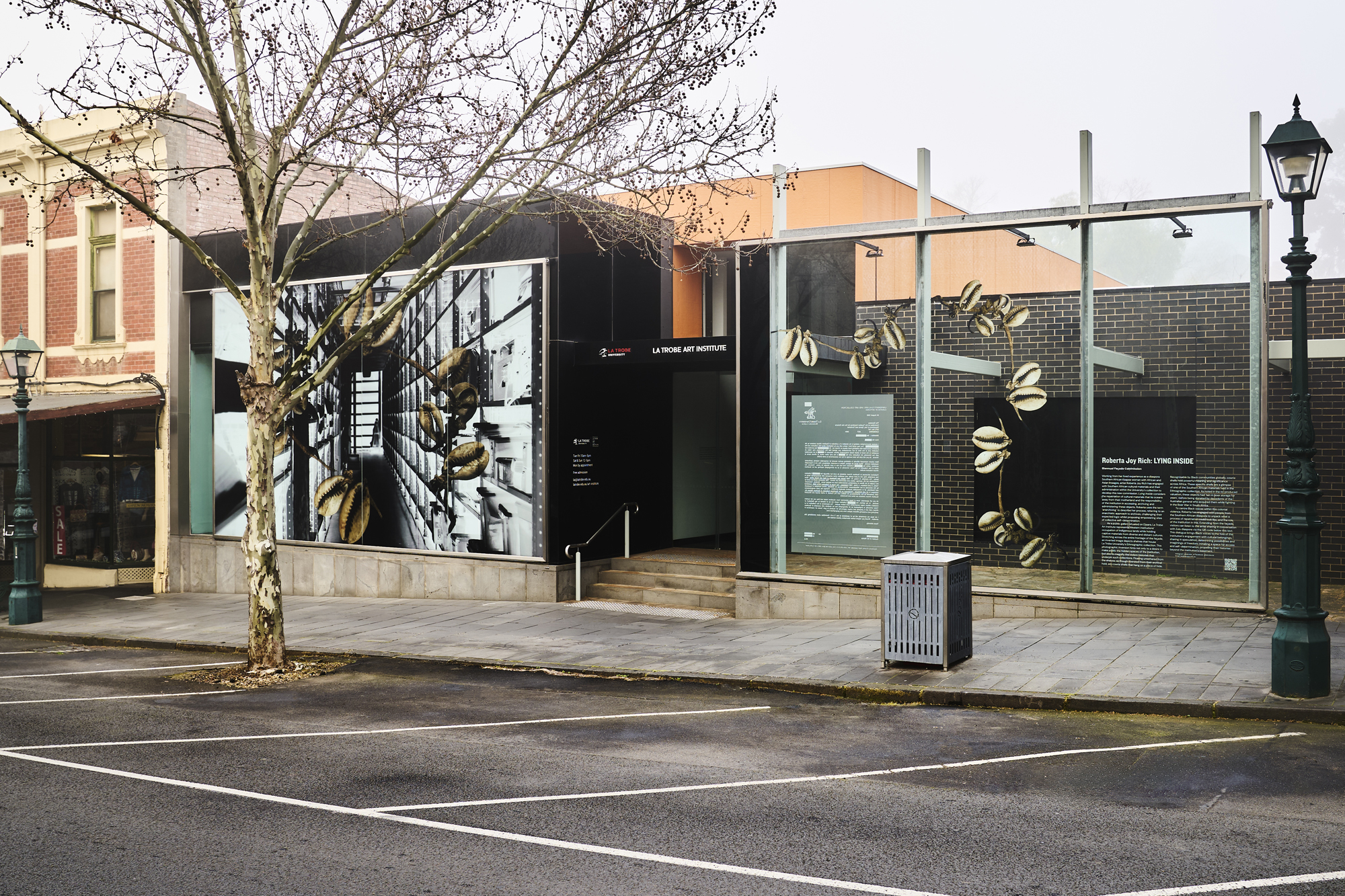 photograph of installation on glass facade of La Trobe Art Institute
