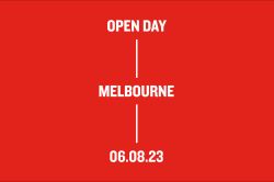 Text on red background reading: Open Day, Melbourne, 06.08.23.