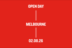 White text on red background reading Open Day, Melbourne, 02.08.26.