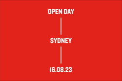Text on red background reading: Open Day, Sydney, 16.08.23.