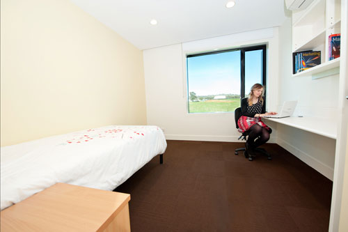 Student studying in her single bed accommodation with a desk and chair.