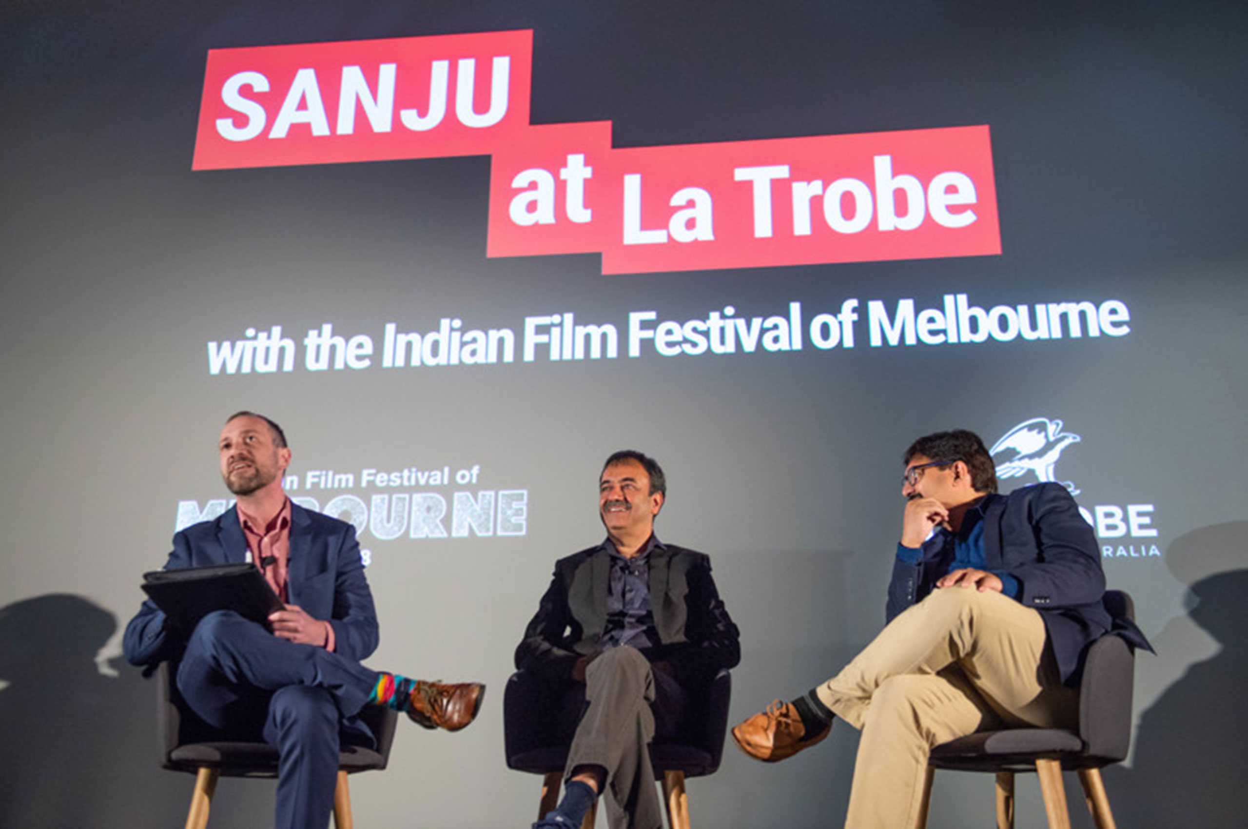 Director Rajkumar Hirani and writer Abhijat Joshi at La Trobe University.