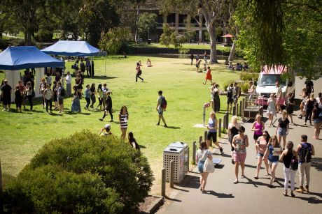 A bustling Simpson Lawn during a student forum.