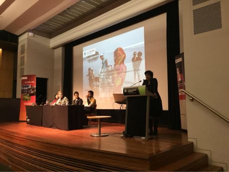 Associate Professor Savitri Taylor and panelists at the Refugee Protection Forum hosted by La Trobe Law School at the State Library of Victoria.
