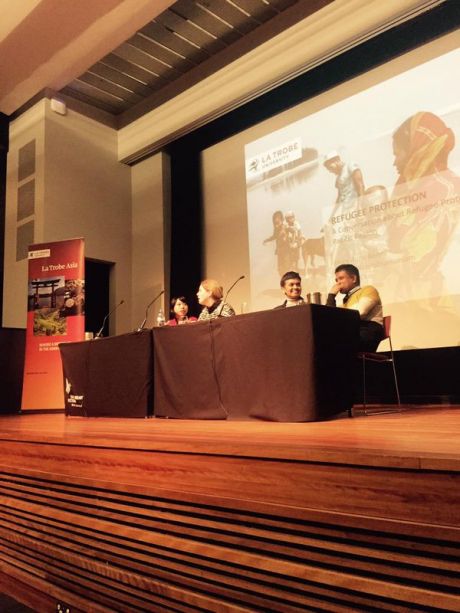 Associate Professor Savitri Taylor and panellists at the Refugee Protection Forum hosted by La Trobe Law School at the State Library of Victoria.