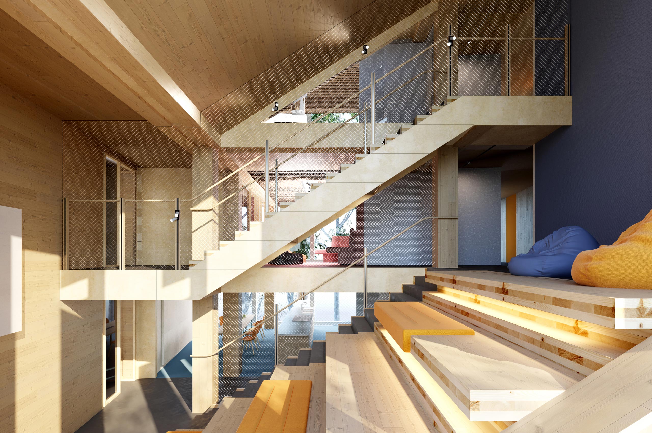 Concept art of stairwells and communal spaces within the building. [Architect: Jackson Clement Burrows.]