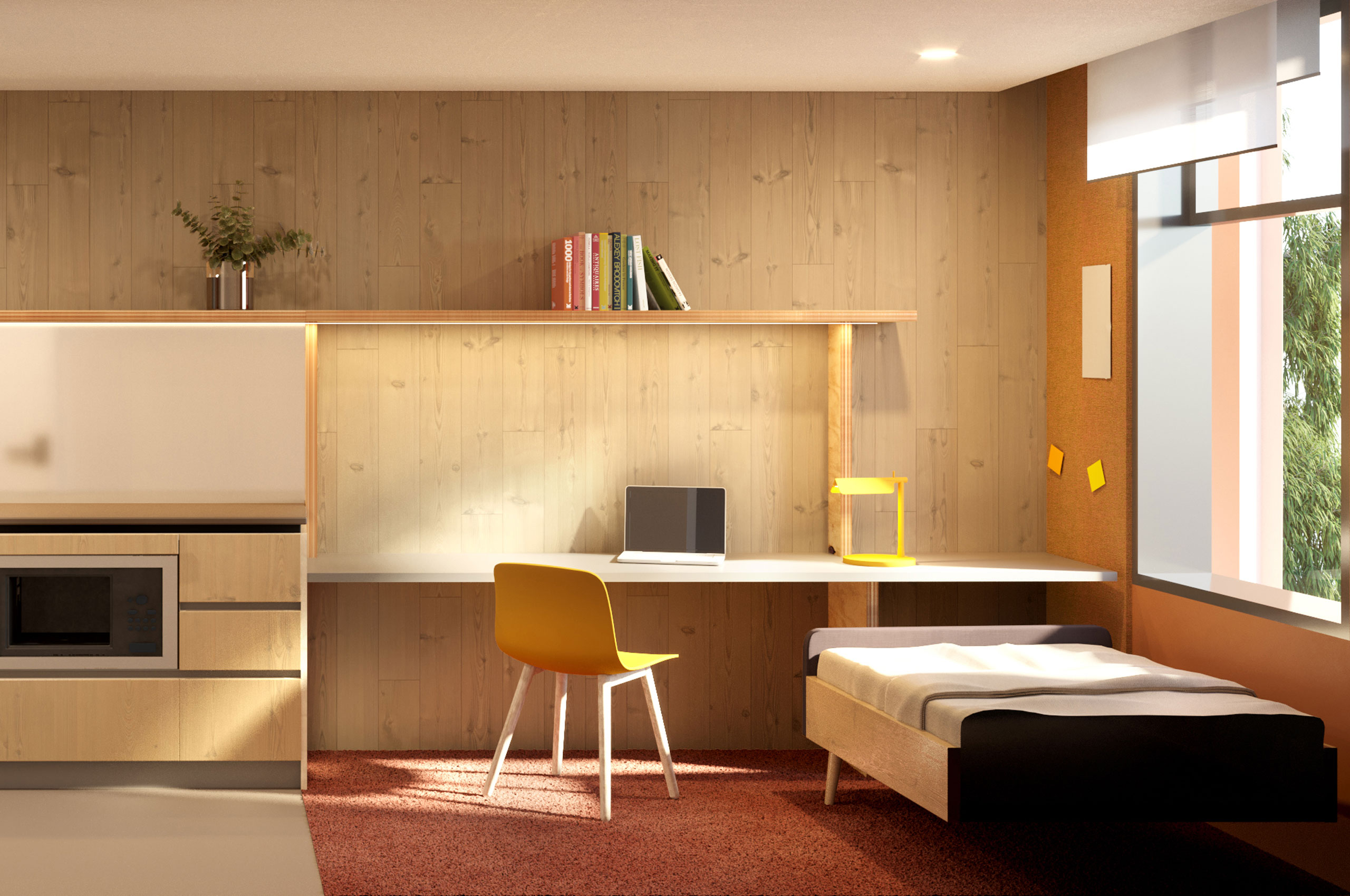 Concept art of single apartment study area and king single bed. [Architect: Jackson Clement Burrows.]