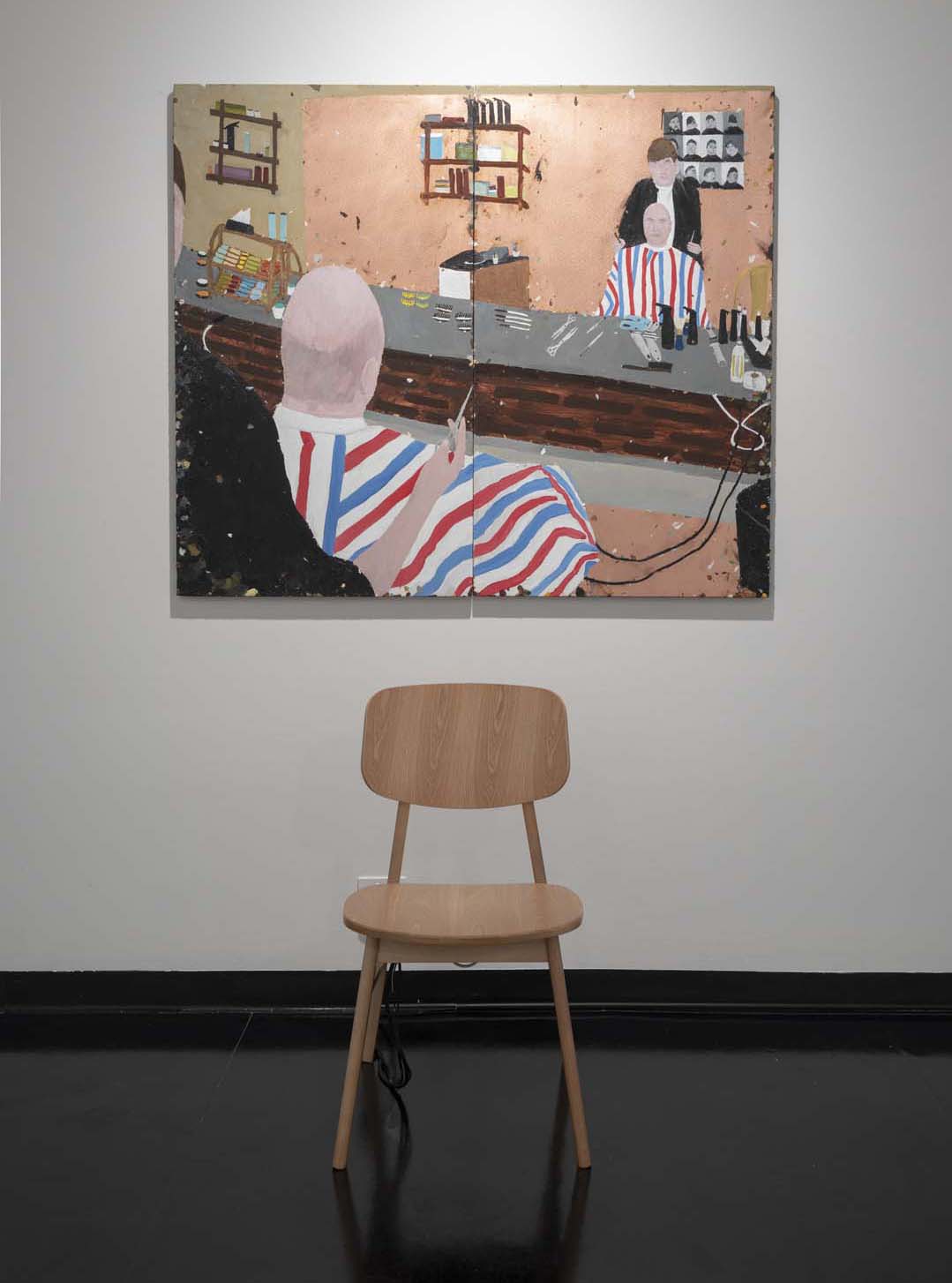 Foreground: French & Mottershead, ‘Grey granular fist’, 2017, chair, sensor, audio player, headphones, sound. © French & Mottershead. Courtesy the artists. Background: Richard Lewer, ‘As a bald man, I miss going to the barber’, 2019, oil on copper. © Richard Lewer. Courtesy the artist and Hugo Michell Gallery. Photo: Ian Hill