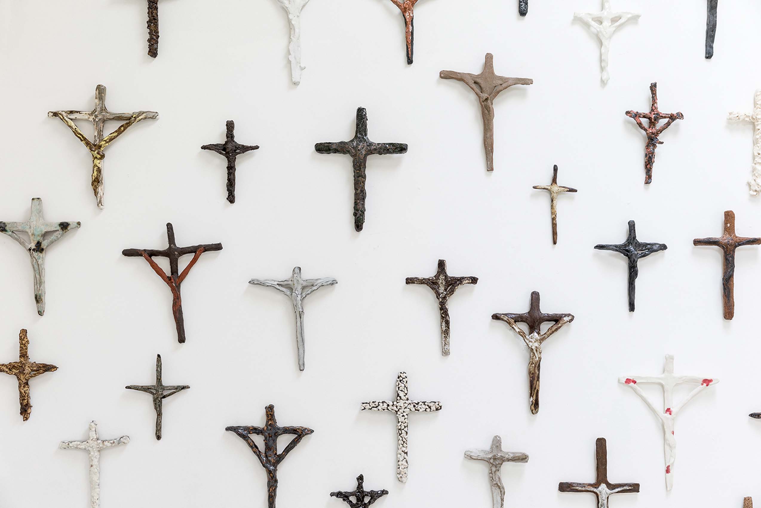 Richard Lewer, ‘Crucifixes’ (detail), 2018, fired stoneware. © Richard Lewer. Courtesy the artist and Hugo Michell Gallery. Photo: Andrew Curtis