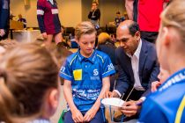 Ravi Murty, CYIENT, with students participating in a hands-on ‘wind tunnel’ exercise, led by the Bendigo Science and Discovery Centre.