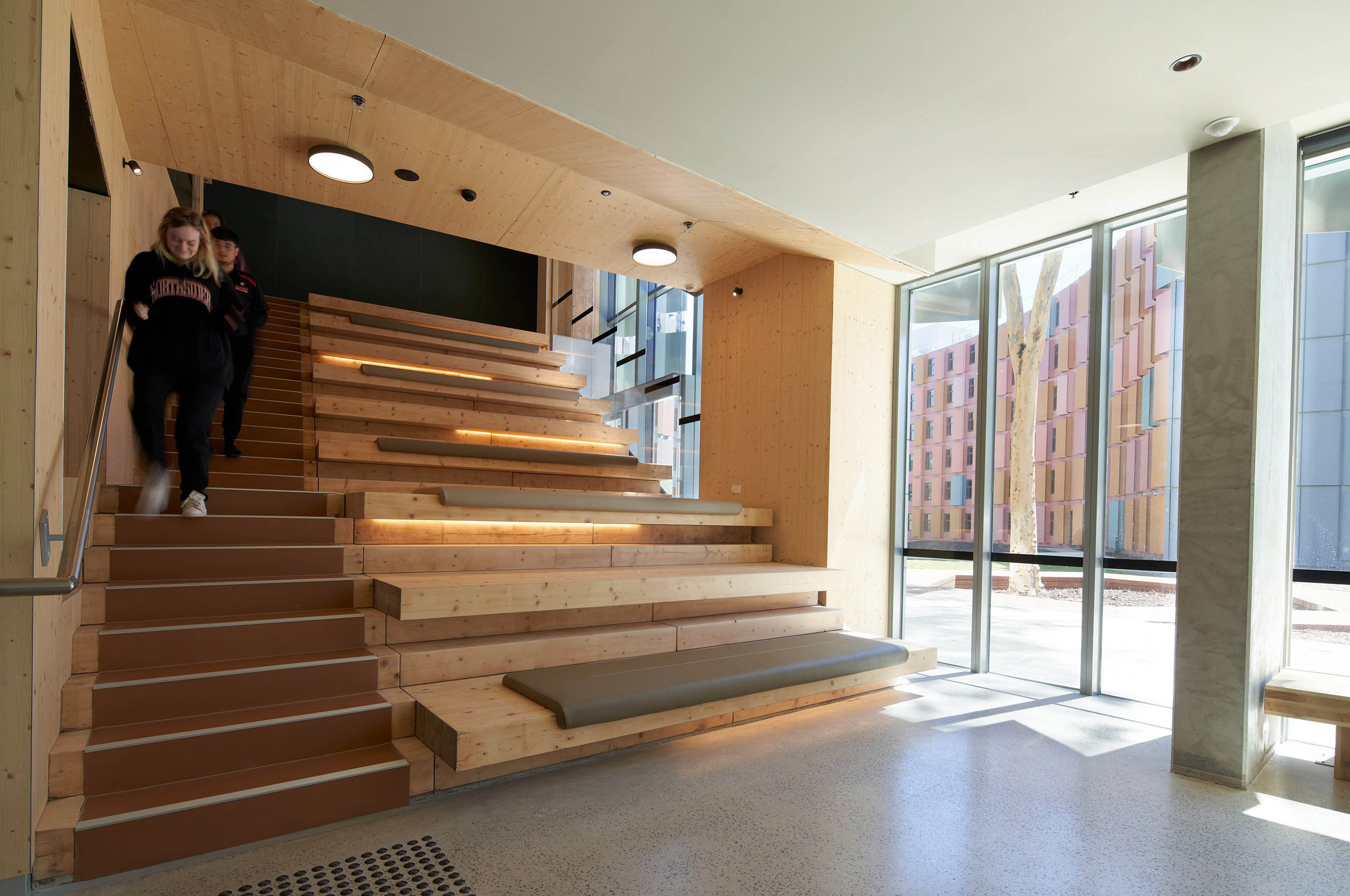 A vast, light-filled, timber staircase provides students with additional space to meet and socialise.