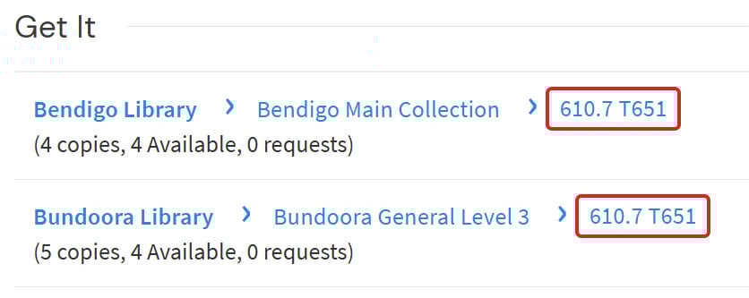 Item call numbers shown on the Library collections site