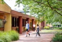 Two students walking outside at the Albury Wodonga campus