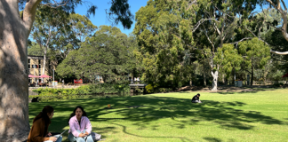 Two students sitting on the lawn at the Bundoora campus
