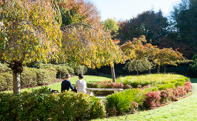 Two students sitting in the International gardens