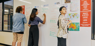 Students working on a group assignment, drawing on board