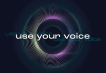 A blue and purple graphic with 'Use your voice' written on it