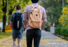 Two students walking along a path
