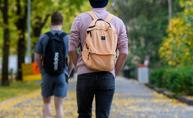 Two students walking along a path