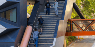 Students walking up stairs