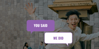 An excited student with a graphic consisting of two speech bubbles with the word 'You Said, We Did' overlayed