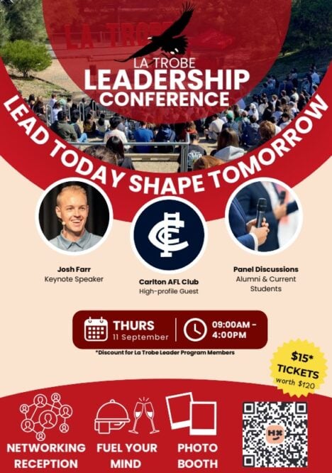 La Trobe Leaders Conference 2025 poster with event dates(Thursday 11 September) and times (9am to 4pm)