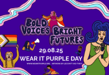 Wear It Purple animated artwork, including a drag queen and someone holding an LGBTIQA+ flag