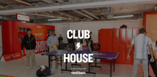Students playing table tennis with 'Club House' logo overlayed