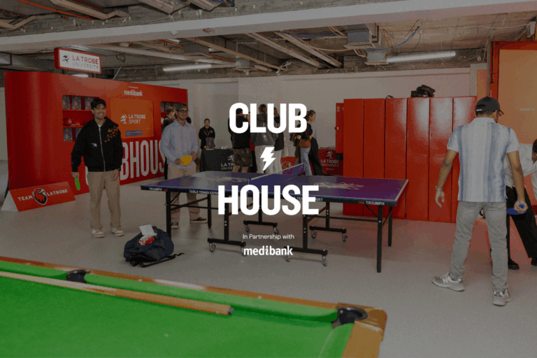 Students playing table tennis with 'Club House' logo overlayed