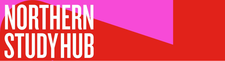 Northern Study Hub logo - text on red and pink background.