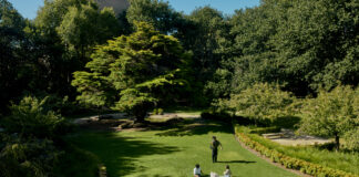 Students walking in the international garden at Bundoora