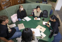 Quiet study or group work? Find the right study space Students studying together at a desk at the Shepparton campus